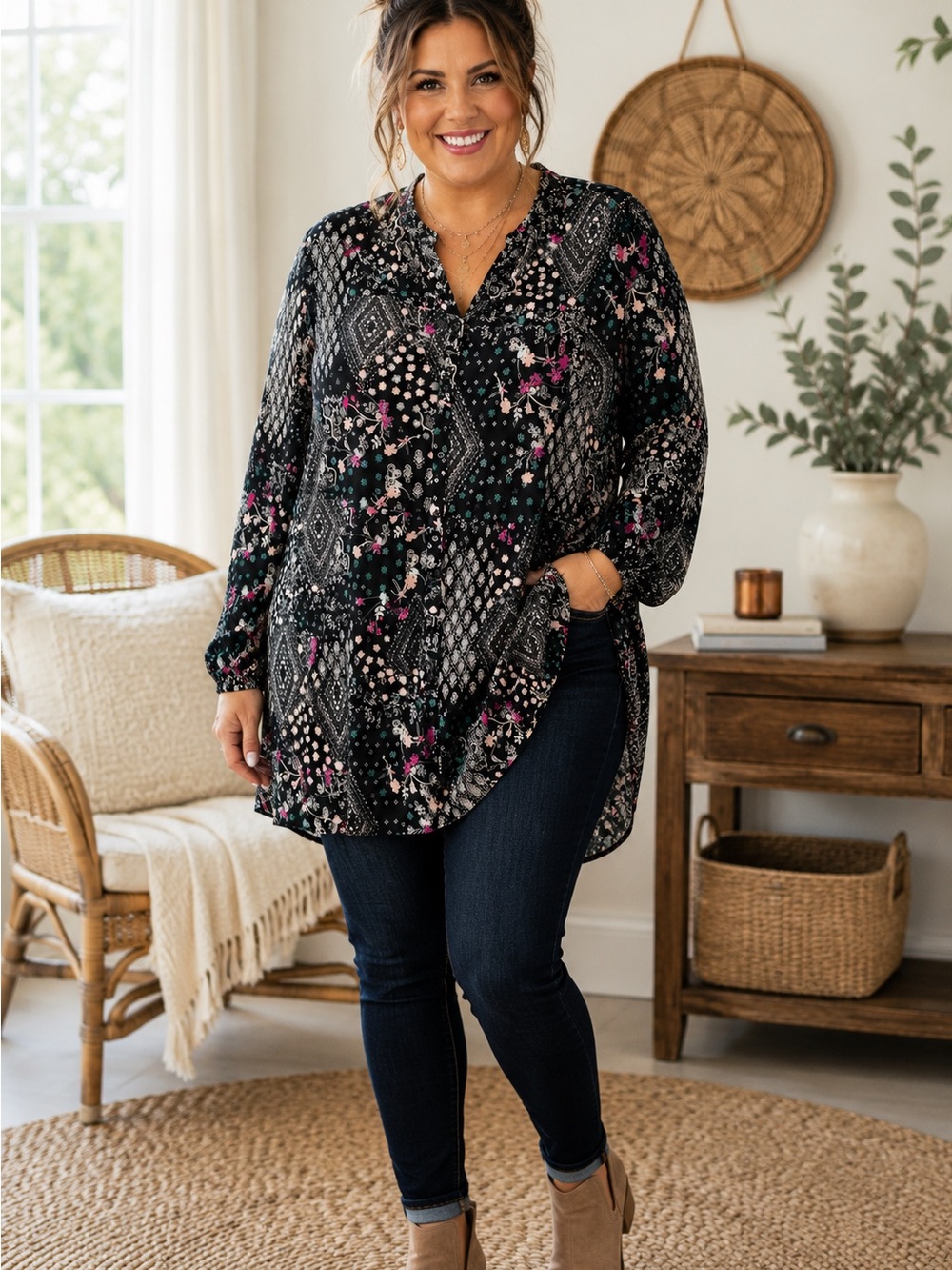 Style & Co Black Boho Floral Mixed Print Button Front Tunic Blouse XXL A18